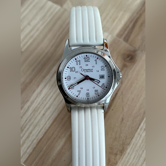 Caravelle by Bulova Ladies Watch White Silicone Bracelet White Dial Date Window - Picture 4 of 13